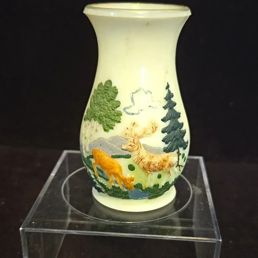 Vtg Ges Geschutzt German Miniature Bud Vase 3D Forest Deer Scene Hard Melamine